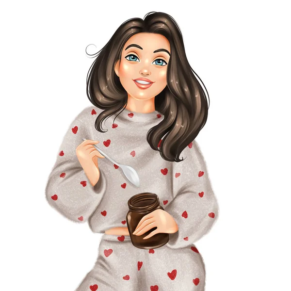 Grappig Meisje Pyjama Die Chocolade Eet Handgetekende Mode Illustratie — Stockfoto