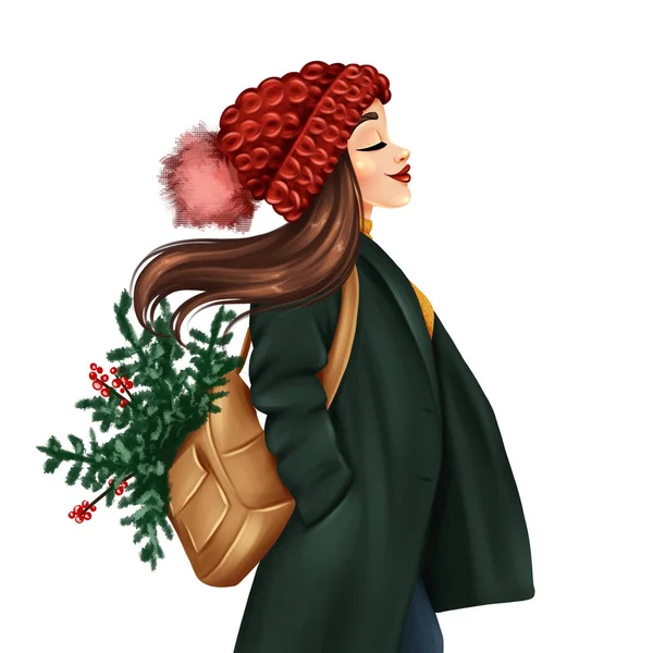 Beautiful Girl Red Hat Green Coat Christmas Tree Hand Drawn — Stock Photo, Image