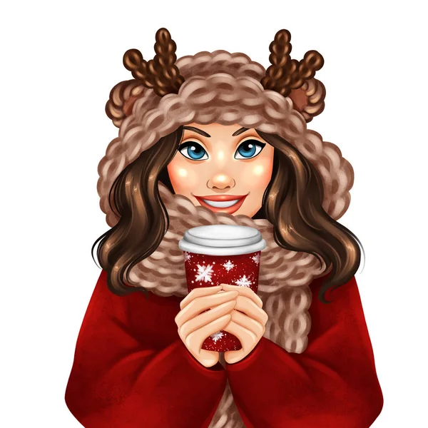 Beautiful Girl Winter Hat Drinking Coffee Hand Drawn Fashion Illustration — Stock Photo, Image
