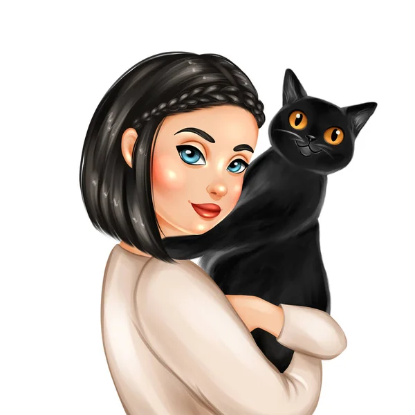 Hermosa Chica Abrazando Gato Ilustración Dibujada Mano — Foto de Stock