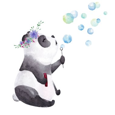 El yapımı suluboya panda kabarcıkları üflüyor