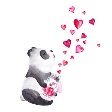 Elle çizilmiş suluboya panda içinde kalpler olan cam bir kavanoz tutuyor.