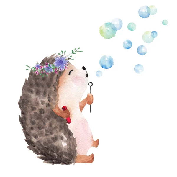 Акварельный Ёжик Надувающий Пузыри Вручную — стоковое фото