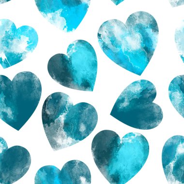 Mavi kalpli kusursuz suluboya deseni. Sevgililer Günü arkaplanı