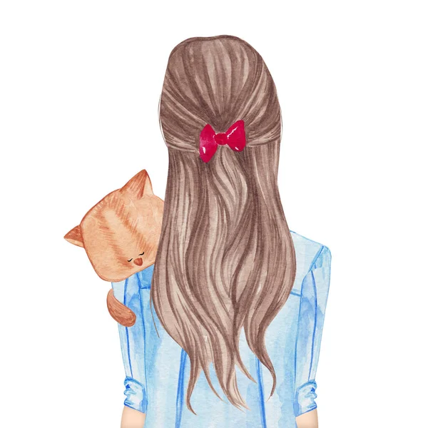 Dziewczyna Trzymająca Małego Kota Ręcznie Rysowane Ilustracja Akwarela — Zdjęcie stockowe
