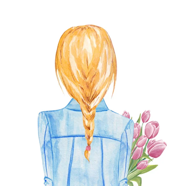 Mädchen Mit Einem Strauß Tulpen Handgezeichnete Aquarell Illustration — Stockfoto