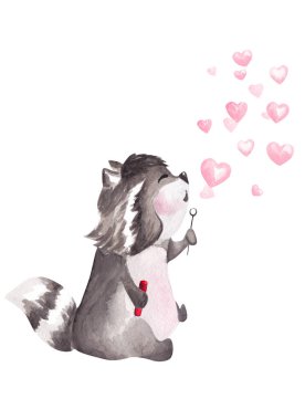 El çizimi suluboya rakun üfleyen kalp şeklinde kabarcıklar