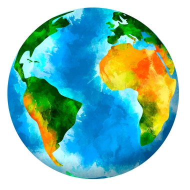 Suluboya Dünya gezegeni. Beyaz arka planda ıssız bir gezegen. Globe suluboya posteri. Dünya günü kartı