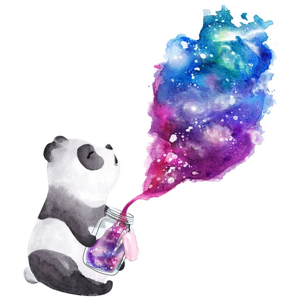 Hand drawn watercolor panda holding  galaxy glass jar