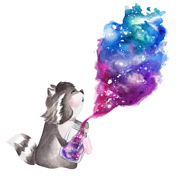 手绘水彩画浣熊拿着星系玻璃瓶 — 图库照片