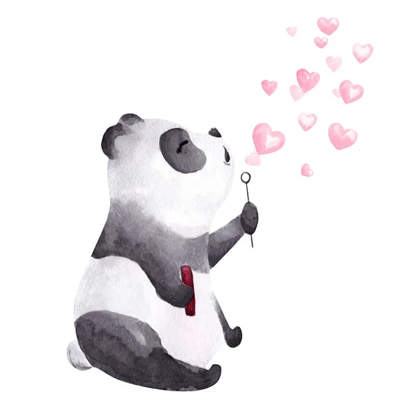 Χειροποίητο Ακουαρέλα Panda Φυσάει Φυσαλίδες Σχήμα Καρδιάς — Φωτογραφία Αρχείου
