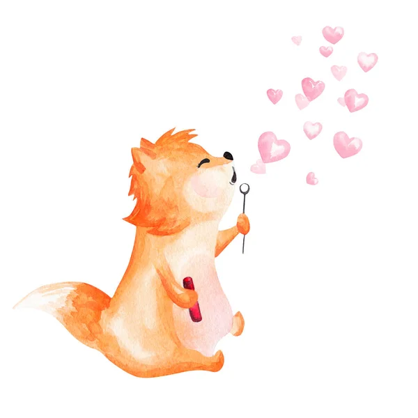 Hand Drawn Watercolor Fox Blowing Heart Shaped Bubbles — Stock Photo, Image