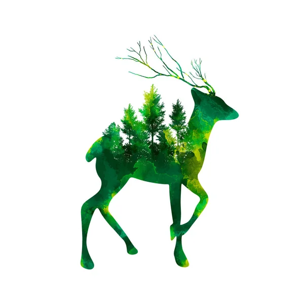 Silhouette Cerf Avec Des Arbres Sauver Illustration Nature — Photo