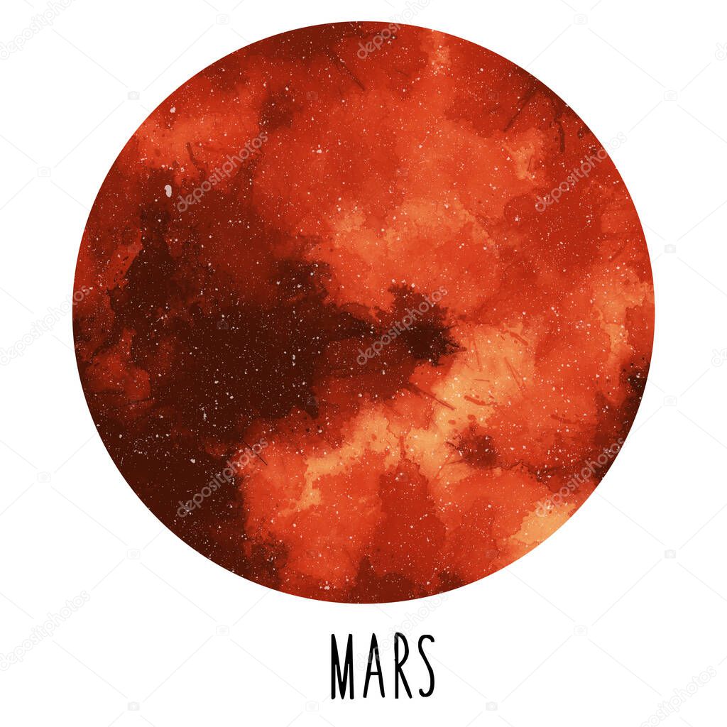 Planet Mars. Hand drawn watercolor solar system collection