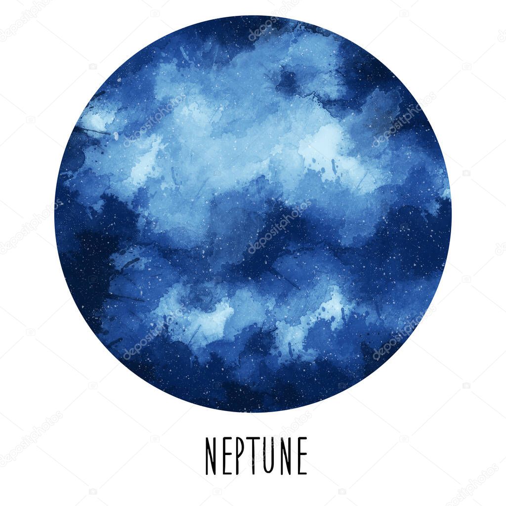 Planet Neptune. Hand drawn watercolor solar system collection
