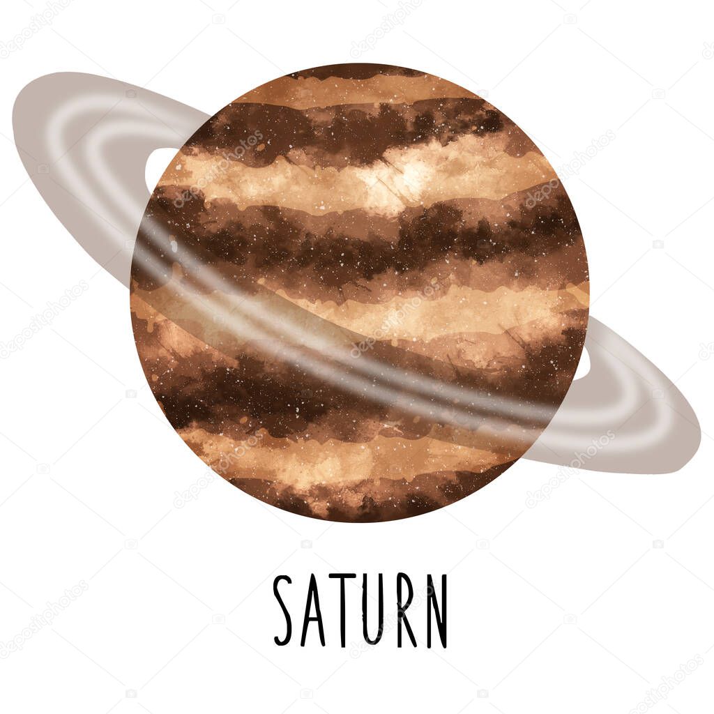 Planet Saturn. Hand drawn watercolor solar system collection