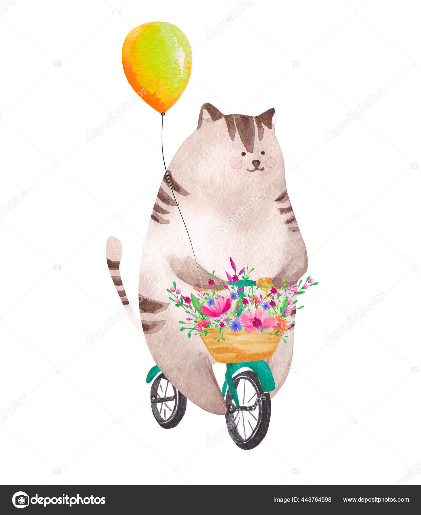 かわいい水彩猫自転車に乗る 誕生日おめでとうイラスト