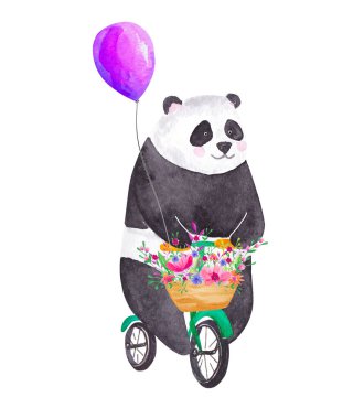 Şirin suluboya panda bisiklet sürüyor. Doğum günün kutlu olsun.