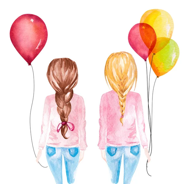 Ručně Kreslené Akvarel Ilustrace Dívek Drží Barevné Balónky — Stock fotografie