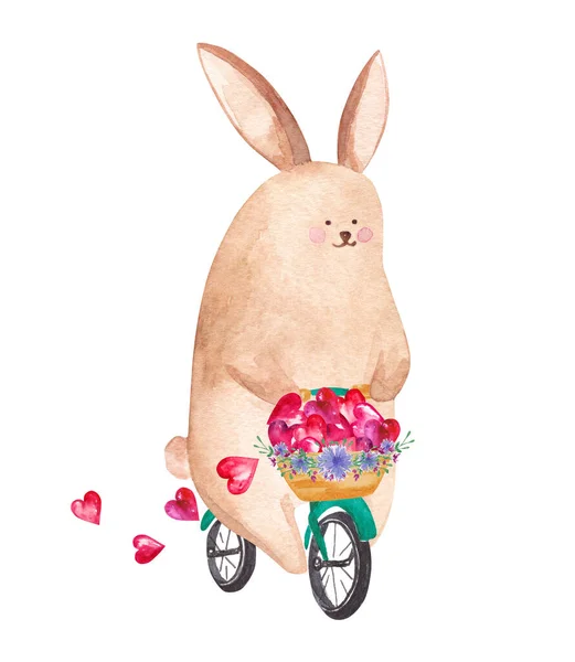 Cute Watercolor Rabbit Riding Bicycle Happy Valentine Day Card — Stock Photo, Image