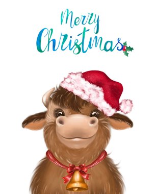 Güzel bir Noel inek portresi. El çizimi Mutlu Noeller tebrik kartı