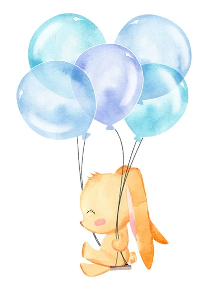 Ayunan Kelinci Lucu Dengan Balon Ilustrasi Cat Air Gambar Tangan — Stok Foto