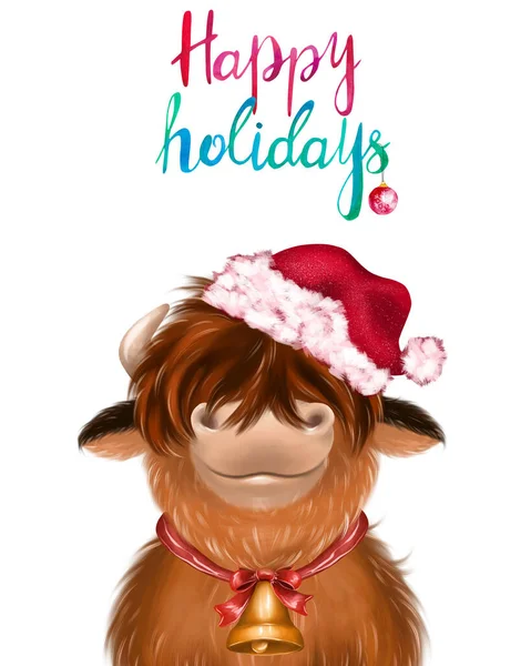 Cute Christmas Cow Portrait Santa Hat Hand Drawn Merry Christmas — Stock Photo, Image