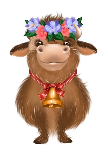 Cute Cow Floral Wreath Hand Drawn Cow Illustration — Stock Photo, Image