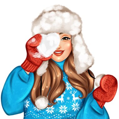 Elinde kartopu tutan parlak mavi kazaklı bir kız. El çizimi kış çizimi