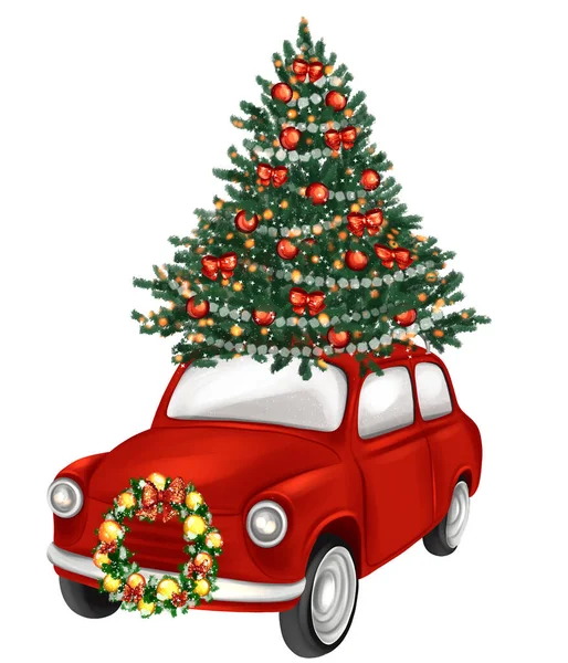 Coche Retro Rojo Con Árbol Navidad Tarjeta Felicitación Navideña Dibujada — Foto de Stock