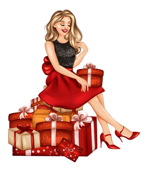 Beautiful girl and Christmas gifts. Hand drawn Christmas illustration