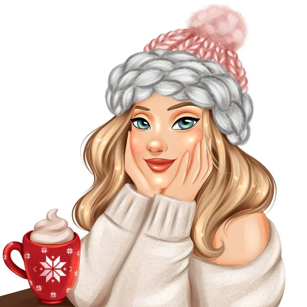 Girl Bright Winter Hat Drinking Coffee Hand Drawn Winter Illustration — Stock Photo, Image