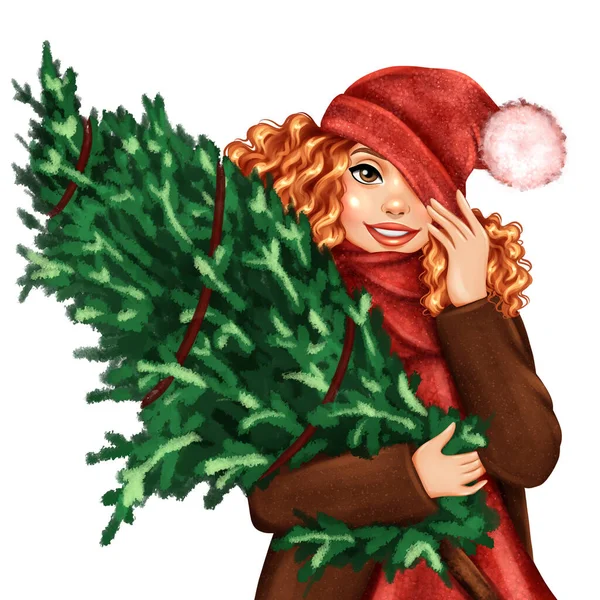 クリスマスツリーの女の子 手描きクリスマスグリーティングカード — ストック写真