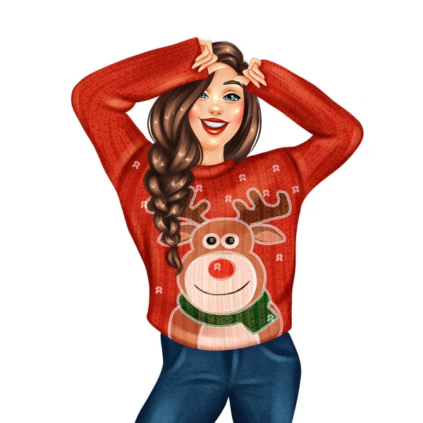 Menina Camisola Vermelha Brilhante Com Estampa Veado Ilustração Inverno Desenhado — Fotografia de Stock