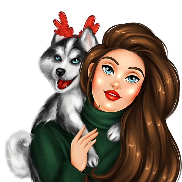 Mooi Meisje Met Husky Hond Met Hand Getekend Kerst Illustratie — Stockfoto