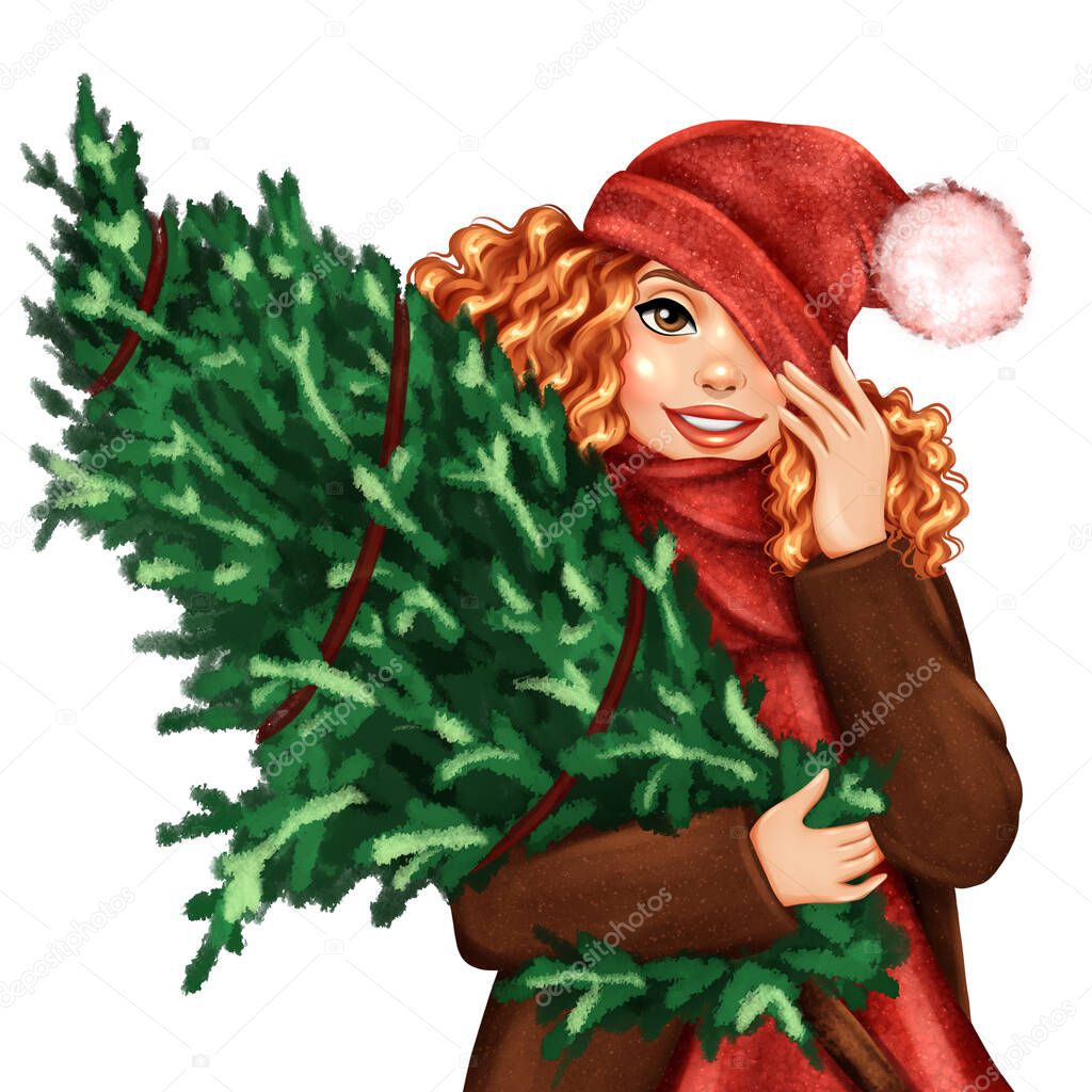 Girl with Christmas tree. Hand drawn Christmas greeting card