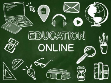 Eğitim çevrimiçi. Tahtadaki okul simgeleri