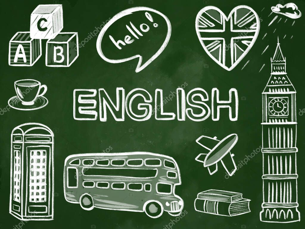 English icons on chalkboard. English education