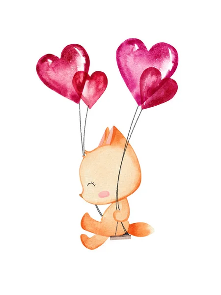 Niedlicher Fuchs Schaukelt Mit Herzballons Handgezeichnete Grußkarte Zum Valentinstag — Stockfoto