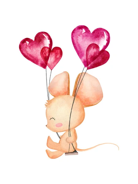 Niedliche Maus Schwingt Mit Herzballons Handgezeichnete Grußkarte Zum Valentinstag — Stockfoto