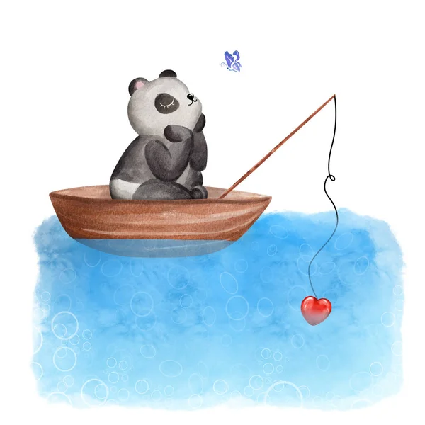 Little panda bear sitting in the boat. Hand drawn watercolor panda bear illustration