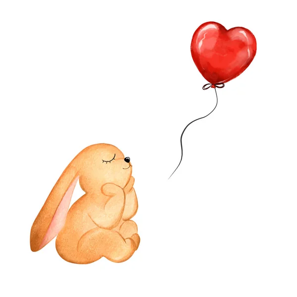Μικρό Κουνέλι Μπαλόνι Σχήμα Καρδιάς Χειροποίητη Ακουαρέλα — Φωτογραφία Αρχείου