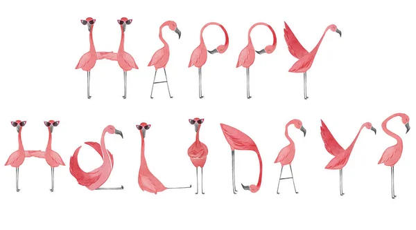 Hand Drawn Watercolor Flamingos Flamingo Happy Holidays Lettering — Stock Photo, Image