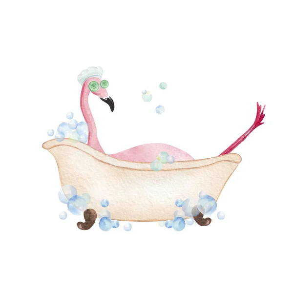 Flamingo taking a bath. Hand drawn watercolor illustration