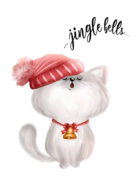 Cute Cat Singing Jingle Bells Song Hand Drawn Christmas Illustration — Stock Photo, Image