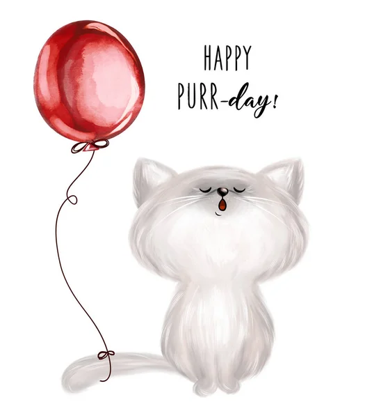 Gato Bonito Com Balão Aniversário Mão Desenhada Aniversário Ilustração — Fotografia de Stock