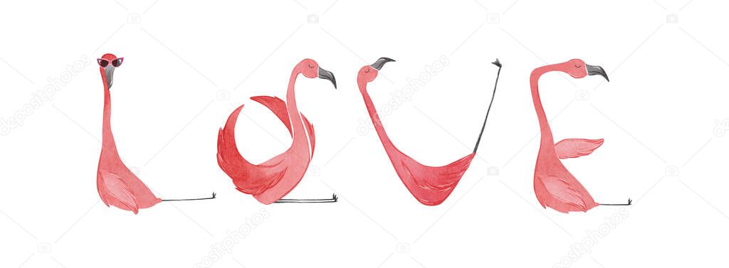 Hand drawn watercolor flamingos. Flamingo love sign lettering