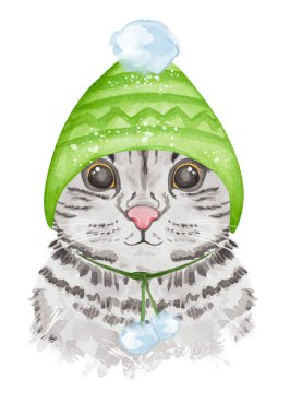 Kışlık şapkalı şirin kedi. Suluboya el çizimi kedi çizimi serisi