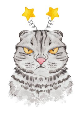 Huysuz kedi portresi. Parti kedisi. Suluboya el çizimi kedi çizimi serisi