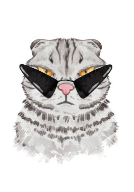 Siyah gözlüklü ciddi ajan kedi. Suluboya el çizimi kedi çizimi serisi